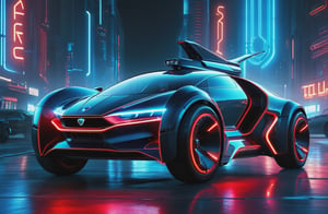 photorealistic image, masterpiece, high quality 8K, of a futuristic science fiction fantasy (((super long Flying car))), Tron legacy, blue and red neon lights, good lighting, (((flying over a cyberpunk city))), at night, sharp focus