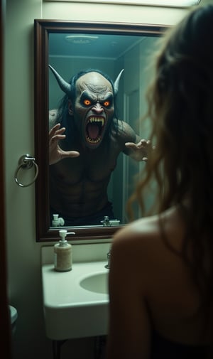 A terrifying demon comes out of the bathroom mirror and tries to grab a woman, horror movie image, horrible horror demon