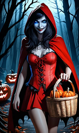 Photorealistic image ((Masterpiece)), ((high quality)) UHD 8K, of a young and beautiful woman, smiling face, long dark hair, perfect skin, blue eyes, standing, tall model, slim body, ((hood and red cape)), ((red corset and miniskirt)), carries a basket of food. a demonic werewolf stalking her in a sinister scary forest, horror movie image, Halloween horror, demonic pumpkins on the ground. ((On Halloween night)), realistic photography, natural lighting, professional DSLR camera