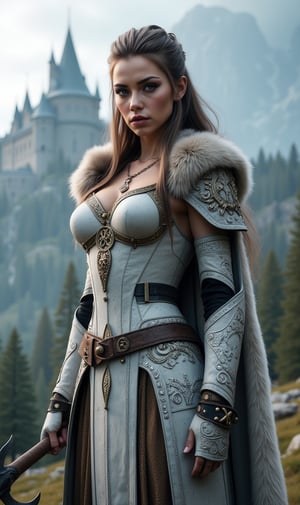 a female viking warrior, full body, blue eyes, long brunette hair, slim body, sexy white armor ornate with runes, fur cape, holding a powerful battle axe and shield, fantasy landscape, a medieval castle in the background, dramatic lighting, cinematic composition, epic fantasy, Artstation, intricate details, super realistic, high quality UHD, 8k, sharp focus