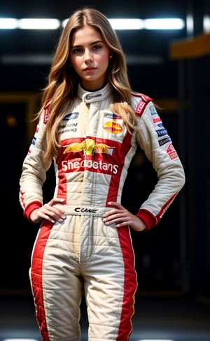 super realistic image, high quality uhd 8K, of 1 girl, detailed realistic ((slim body, high detailed)), (tall model), long bonde hair, high detailed realistic skin, (formula one racing driver uniform), real vivid colors, standing,girl,