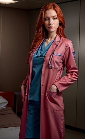 super realistic image, high quality uhd 8K, of 1 girl, detailed realistic ((slim body, high detailed)), (tall model), redhead, long ginger hair, high detailed realistic skin, (ICU emergency doctor uniform), real vivid colors, standing,girl,LABCOAT OVER SCRUBS