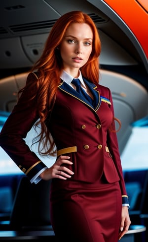 super realistic image, high quality uhd 8K, of 1 girl, detailed realistic ((slim body, high detailed)), (tall model), redhead,long ginger hair, high detailed realistic skin, (flight attendant uniform), real vivid colors, standing