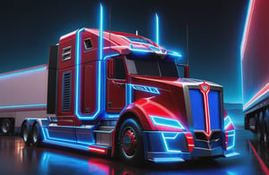 photorealistic image, masterpiece, high quality 8K, of a futuristic science fiction fantasy ((Optimus Prime long truck)), Tron legacy, blue and red neon lights, good lighting, at night, sharp focus