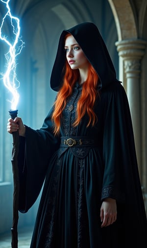 photorealistic image of a beautiful woman, long red hair, slim body, tall, ((black robe short magical skirt)), ((black cape and hood)), ((casting an electric spell with his magic staff)), ((in a castle room medieval fantasy), masterpiece, ultra image quality, high detail, sharp focus