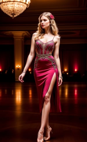 super realistic image, high quality uhd 8K, of 1 girl, detailed realistic ((slim body, high detailed)), (tall model), long blonde hair, high detailed realistic skin, (60s greasse ballroom dance dress, wide knee-length skirt and flat neckline), ((a rose in her hair)), real vivid colors, standing,girl,