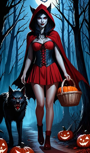 Photorealistic image ((Masterpiece)), ((high quality)) UHD 8K, of a young and beautiful woman, smiling face, long dark hair, perfect skin, blue eyes, standing, tall model, slim body, ((hood and red cape)), ((red corset and miniskirt)), carries a basket of food. a demonic werewolf stalking her in a sinister scary forest, horror movie image, Halloween horror, demonic pumpkins on the ground. ((On Halloween night)), realistic photography, natural lighting, professional DSLR camera