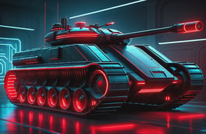 photorealistic image, masterpiece, high quality 8K, of a futuristic science fiction fantasy super hoovertank, Tron legacy, black and red neon lights, good lighting, at night, sharp focus