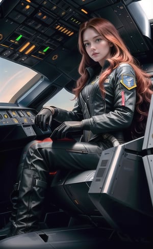 Super realistic image, high quality uhd 8K, of 1 pilot girl, realistically detailed ((slim body, highly detailed)), (tall model), redhead, long red hair, highly detailed realistic skin, (camera view from outside the plane), (((sitting, piloting a futuristic fighter plane))), (futuristic fighter pilot suit), very bright colors, sitting in the cockpit of the fighter plane,F-22