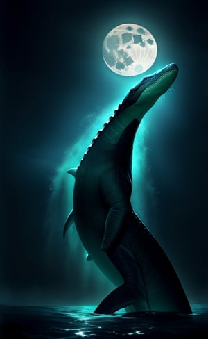 at night, beautiful creature under the water, lovely Nessy plesiosaur, Scottish mythology, fantasy atmosphere, swimming under Loch Ness, moonlight, good lighting, submerged photorealistic image, masterpiece, high quality, sharp focus