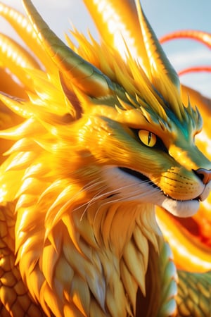 
8K photorealistic image of a bright yellow angelic dragon, ((yellow cat hair)), long body, dragon head, ((nine cat tails)), ((bird wings)), in mid-flight breathing fire mouth