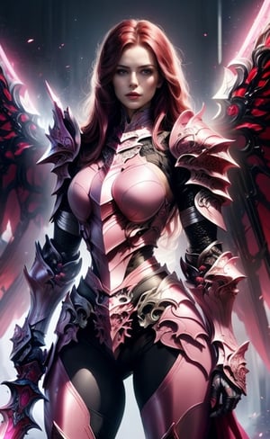 (masterpiece, best quality:1.2), Character design, ((1 girl, solo)), warrior of xian, slim body, medium chest, skinny waist, ((long deep red hair)). blue eyes. (((pink fantasy armor a female knight in a pink full armor))), (((big pauldrons, intricate details))), (((large armor wings))), (((advanced weapon fantasy plasma sword in right hand))), (standing), plain gray background, masterpiece, HD high quality, 8K ultra high definition, ultra definition,1 girl