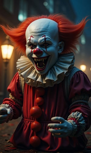 Photorealistic image ((masterpiece)), ((high quality)) UHD 8K, a scary demodic clown big long teeth, demonic evil look, painted face and clown nose, chubby, clown uniform. with a lot of blobos in his hands, full body view, ((On Halloween night)), realistic photography, natural lighting, professional DSLR camera