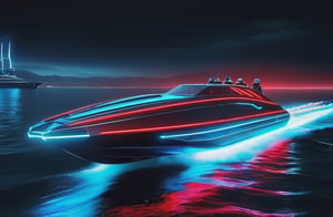 photorealistic image, masterpiece, high quality 8K, of a futuristic science fiction fantasy super long jet boat, Tron legacy, blue and red neon lights, good lighting, sailing through the sea, at night, sharp focus