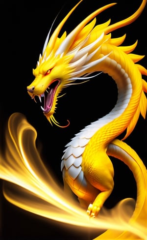
8K photorealistic image of a bright yellow angelic dragon, ((yellow cat hair)), long body, dragon head, ((nine cat tails)), ((bird wings)), in mid-flight breathing fire mouth