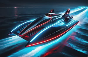 photorealistic image, masterpiece, high quality 8K, of a futuristic science fiction fantasy super long hidro jet, Tron legacy, blue and red neon lights, good lighting, sailing through the sea, at night, sharp focus