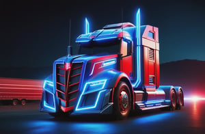 photorealistic image, masterpiece, high quality 8K, of a futuristic science fiction fantasy ((Optimus Prime long truck)), Tron legacy, blue and red neon lights, good lighting, at night, sharp focus