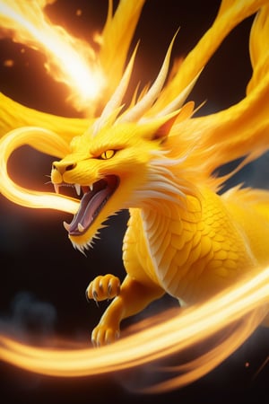 
8K photorealistic image of a bright yellow angelic dragon, ((yellow cat hair)), long body, dragon head, ((nine cat tails)), ((bird wings)), in mid-flight breathing fire mouth