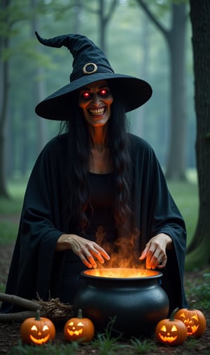 A demonic, scary witch, evil smiling face, long straight hair, sallow skin, black witch dress, pointed witch hat, preparing a spelled brew in the cauldron, deep in the forest, horror movie image, halloween horror, demonic pumpkins on the ground