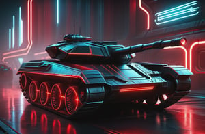 photorealistic image, masterpiece, high quality 8K, of a futuristic science fiction fantasy super tank, Tron legacy, black and red neon lights, good lighting, at night, sharp focus