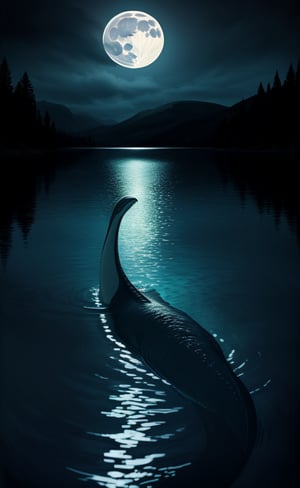 at night, beautiful creature under the water, lovely Nessy plesiosaur, Scottish mythology, fantasy atmosphere, swimming under Loch Ness, moonlight, good lighting, submerged photorealistic image, masterpiece, high quality, sharp focus