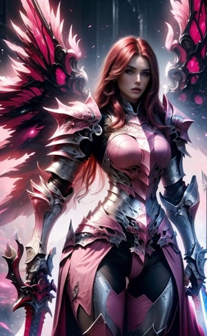 (masterpiece, best quality:1.2), Character design, ((1 girl, solo)), warrior of xian, slim body, medium chest, skinny waist, ((long deep red hair)). blue eyes. (((pink fantasy armor a female knight in a pink full armor))), (((big pauldrons, intricate details))), (((large armor wings))), (((advanced weapon fantasy plasma sword in right hand))), (standing), plain gray background, masterpiece, HD high quality, 8K ultra high definition, ultra definition,1 girl