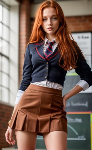 super realistic image, high quality uhd 8K, of 1 girl, detailed realistic ((slim body, high detailed)), (tall model), redhead, long ginger hair, high detailed realistic skin, (school uniform with miniskirt), real vivid colors, standing