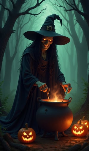 A demonic, scary witch, evil smiling face, long straight hair, sallow skin, standing, black witch dress, pointed witch hat, preparing a spelled brew in the cauldron, deep in the forest, horror movie image, halloween horror, demonic pumpkins on the ground, anime, cartton, dysney