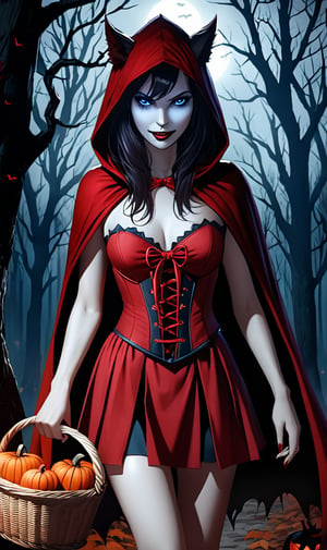 Photorealistic image ((Masterpiece)), ((high quality)) UHD 8K, of a young and beautiful woman, smiling face, long dark hair, perfect skin, blue eyes, standing, tall model, slim body, ((hood and red cape)), ((red corset and miniskirt)), carries a basket of food. a demonic werewolf stalking her in a sinister scary forest, horror movie image, Halloween horror, demonic pumpkins on the ground. ((On Halloween night)), realistic photography, natural lighting, professional DSLR camera