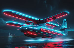 photorealistic image, masterpiece, high quality 8K, of a futuristic science fiction fantasy super long seaplane, Tron legacy, blue and red neon lights, good lighting, sailing through the sea, at night, sharp focus