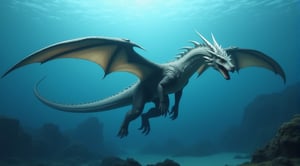 Giant mythological realistic dragon, beautiful, great wingspan, giant bird tail, diving through the ocean, submerged underwater