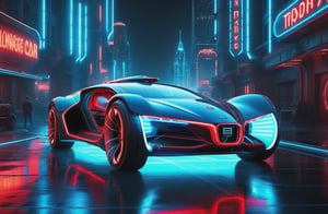 photorealistic image, masterpiece, high quality 8K, of a futuristic science fiction fantasy (((super long Flying car))), Tron legacy, blue and red neon lights, good lighting, flying over a cyberpunk city, at night, sharp focus