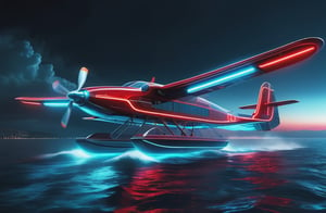 photorealistic image, masterpiece, high quality 8K, of a futuristic science fiction fantasy super long seaplane, Tron legacy, blue and red neon lights, good lighting, sailing through the sea, at night, sharp focus
