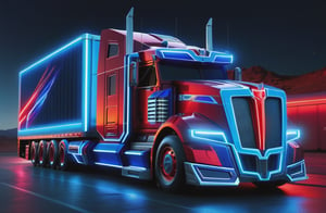 photorealistic image, masterpiece, high quality 8K, of a futuristic science fiction fantasy ((Optimus Prime long truck)), Tron legacy, blue and red neon lights, good lighting, at night, sharp focus