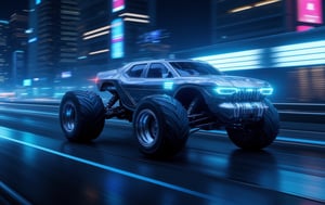 long Tron-like super monster truck, super big wheels, racing along a futuristic city road, blue ice lights, neon lights windows, shiny metal, at night, super high quality realistic cinematic image, 8k, sharp focus