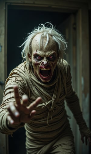 horror atmosphere, Egyptian mummy, open mouth, bloody teeth, rotten mummy bandage, white ragged hair, red eyes, bandage all over the body, face and head, extending his hands towards the viewer, in an old and abandoned mansion, place gloomy, super realistic image, high quality and definition, sharp focus