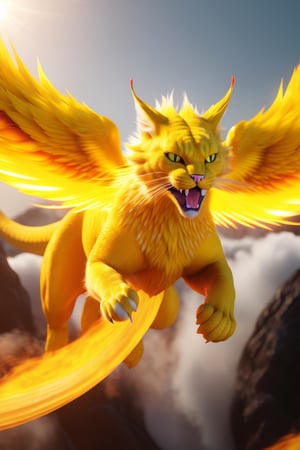 
8K photorealistic image of a bright yellow angelic dragon, ((yellow cat hair)), long body, dragon head, ((nine cat tails)), ((bird wings)), in mid-flight breathing fire mouth