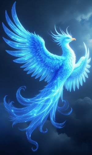 Photorealistic image ((Masterpiece)), ((high quality)) UHD 8K, of a beautiful and spectacular Phoenix, a bird of blue fire, in a stormy sky, wings of blue flaming fire spread with great brilliance, epic fantastic mythology of great power and realism, realistic photography, natural lighting, professional DSLR camera