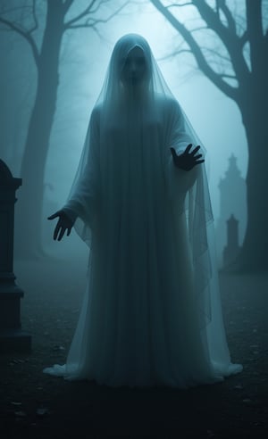 transparent ghostly woman, fading, misty, ethereal ghost, ((extending hand to viewer)), scary cemetery, gloomy foggy night