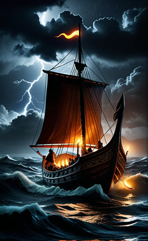 at night, two Viking boats sailing through a raging sea, lightning and thunder in the sky, (((with a single candle in the center))), good lighting, realistic, bestial quality, masterpiece, UHD 8k, sharp focus