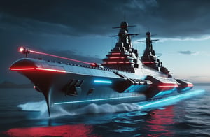 photorealistic image, masterpiece, high quality 8K, of a futuristic science fiction fantasy super long Missouri battleship with triple cannons and laser machine gun nest, Tron legacy, blue and red neon lights, good lighting, sailing through the sea, at night, sharp focus