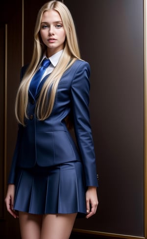 super realistic image, high quality uhd 8K, of 1 girl, detailed realistic ((slim body, high detailed)), (tall model), long blonde hair, high detailed realistic skin, (school uniform with miniskirt), real vivid colors, standing