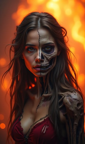 Create a beautiful living left side woman and a decrepit zombie right side in a single body, face equal to the body,  full body , in hell, a volcanic environment of fire and hardship, goddess Hell.