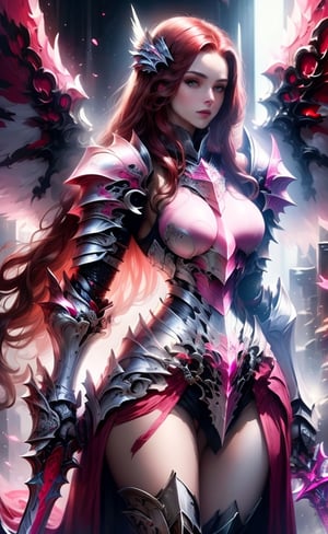 (masterpiece, best quality:1.2), Character design, ((1 girl, solo)), warrior of xian, slim body, medium chest, skinny waist, ((long deep red hair)). blue eyes. (((pink fantasy armor a female knight in a pink full armor))), (((big pauldrons, intricate details))), (((large armor wings))), (((advanced weapon fantasy plasma sword in right hand))), (standing), plain gray background, masterpiece, HD high quality, 8K ultra high definition, ultra definition,1 girl,Masterpiece