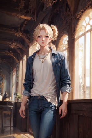 Masterpiece, (beautiful and aesthetic:1.2), 1man, blonde hair, short ponytail, blue eyes, delicate face, slender body, male body, longline tunic, jeans, indoors, golden hour, intricate details,