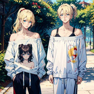 (masterpiece, absurdres, ultra detailed), 1man, wavy blonde hair, blue eyes, ponytail, delicate pretty face, (androgynous:1.3), male body, flat chest, detailed eyes and face, oversized sweater, off shoulder, printed pants, designed sneakers, sleepy look, in a park