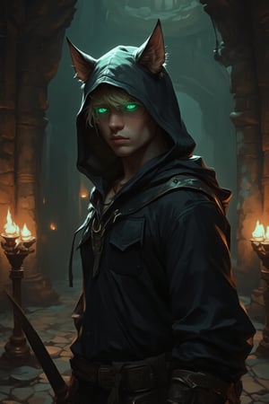 In the dimly lit center of an underground dungeon hall, a handsome young blonde man with slim figure and feminine face stands confidently, exuding an air of mystery and intrigue. He is dressed in a black hoodie that features a unique design: the hood is stylized to resemble a cat's head, complete with pointed ears that perk up in the flickering light. The hood frames his face, casting shadows that accentuate his striking features and piercing blue eyes, which seem to glimmer with determination.

The glowing green eyes of the cat hood add an otherworldly touch, illuminating his expression with an eerie yet captivating glow, contrasting sharply against the dark fabric of his attire. The atmosphere around him is thick with the scent of damp stone and the flickering light from bronze braziers lining the walls, casting warm, dancing shadows that enhance the dungeon’s enigmatic ambiance.

In his right hand, he holds a stone knife, its rough surface glinting in the dim light. The weapon, seemingly primitive yet beautifully crafted, complements his adventurous spirit. The young man stands poised and alert, ready to face whatever challenges lie ahead in the depths of the dungeon. His presence is both commanding and enigmatic, a blend of youthful charm and fierce determination, perfectly suited for the shadowy world around him.