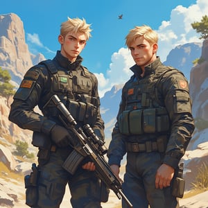 Anime illustration of a scene set against the rugged backdrop of the Lebanon Mountains, a striking young man with tousled blonde hair and piercing blue eyes stands confidently in his special forces military uniform. The fabric of his attire is dark and camouflaged, expertly tailored to fit his athletic frame, while the insignia on his shoulders gleams subtly in the brilliant sunlight. With a cocky grin that conveys both charm and defiance, he brandishes a sleek sniper rifle, its polished metal catching the light and emphasizing his bold demeanor. Beside him stands his brother-in-arms and commanding officer, an imposing figure radiating strength and authority. His tall, muscular build adds to his formidable presence, while deep brown eyes exude intensity and focus. His stern expression, marked by defined cheekbones and a strong jaw, suggests experience and unwavering commitment to duty. The contrast between the brothers is striking; while one embodies youthful bravado, the other represents seasoned resilience. The vast, rocky terrain of the Lebanon Mountains sprawls behind them, with rugged peaks stretching towards the azure sky, their heights adorned with patches of evergreen trees that sway gently in the warm breeze. A subtle aroma of earth and wild herbs fills the air, punctuated by the occasional distant call of a bird. The atmosphere is charged with camaraderie and anticipation, hinting at the challenges that lie ahead as the duo prepares for their mission.