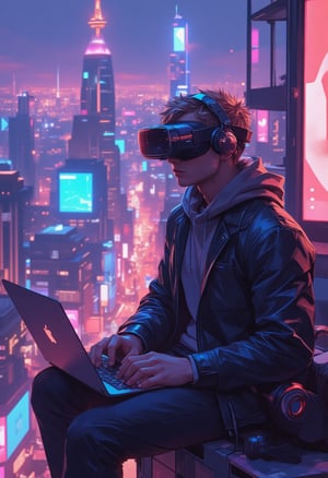 On a high rooftop overlooking a sprawling futuristic city, an extremely handsome young man sits confidently, embodying the essence of the cyberpunk and synthwave aesthetic. His tousled blonde hair glints under the neon glow of the city, contrasting sharply with the darkening sky. The vibrant skyline is a mesmerizing tapestry of towering skyscrapers adorned with holographic advertisements and luminous billboards, casting a kaleidoscope of colors across the scene.

The young man is comfortably positioned with a sleek laptop resting on his lap, its screen reflecting the bright lights of the city. His fingers dance across the keyboard, a blend of focus and creativity evident in his posture. Perched atop his head is a cutting-edge VR helmet, its sleek design glowing softly with pulsating lights, suggesting an immersive digital experience just beyond the veil of reality.

The rooftop around him is littered with a few scattered gadgets and tech paraphernalia, hinting at a life deeply intertwined with technology. The air is electric, filled with the distant sounds of the city—humming drones, the chatter of pedestrians below, and the faint thrum of music echoing from nearby clubs. 

As he gazes out at the neon-lit horizon, the atmosphere is charged with inspiration and possibility. The interplay of colors from the cityscape and the soft glow of his laptop creates a surreal ambiance, capturing the spirit of innovation and adventure. In this moment, he stands as a beacon of creativity, poised at the intersection of reality and virtual worlds, ready to explore the limitless horizons of the future.