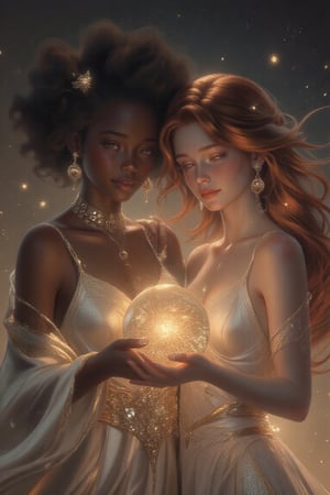 Digital illustration of two young women standing together, each holding a glowing orb that radiates an ethereal warm light. One woman has beautiful black skin and a voluminous curly afro, exuding confidence and grace. She wears flowing white garments that seem to float around her, enhancing her ethereal presence. 

Beside her, the second woman has striking reddish hair that cascades in soft waves around her shoulders, complementing her warm brown eyes. She, too, is dressed in elegant white attire that creates a harmonious and serene aesthetic. 

The orb they hold between them emits a soft, golden glow, illuminating their faces and casting gentle light on their surroundings. The atmosphere is magical and enchanting, with the warm light highlighting their stunning features and creating a sense of unity and power between the two women. Their expressions reflect a mix of wonder and determination, suggesting a deeper connection to the orb and the mystical energy it represents.